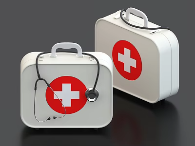 Essential Medical Equipment with Red Cross First Aid Kits And Stethoscope 3d model