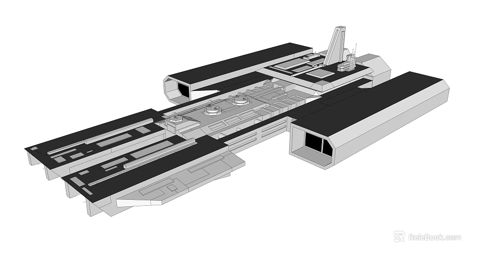 Aircraft Carrier Model Top View Black And White Line Drawing With Detailed Structure 3d model 