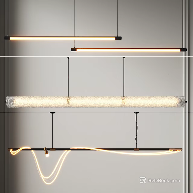Modern Linear And Curved Pendant Lights With Frosted Glass Shade And LED Light Source 3d model 
