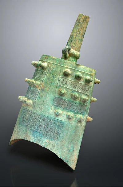 Ancient Bronze Bell Musical Instrument with Intricate Carvings and Painting Tools Motifs 3d model