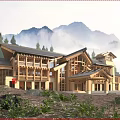 Traditional Wooden Architecture With Eaves Roof Surrounded By Greenery And Misty Mountains