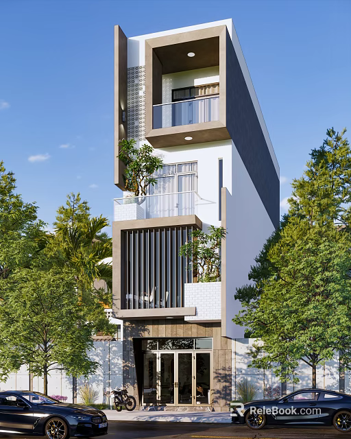 Modern Detached Villa Exterior With Balcony Greenery Vertical Louvers And Glass Elements 3d model 