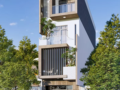 Modern Detached Villa Exterior With Balcony Greenery Vertical Louvers And Glass Elements 3d model