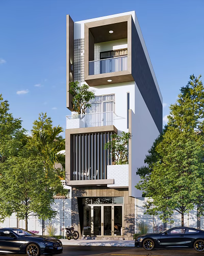 Modern Detached Villa Exterior With Balcony Greenery Vertical Louvers And Glass Elements 3d model