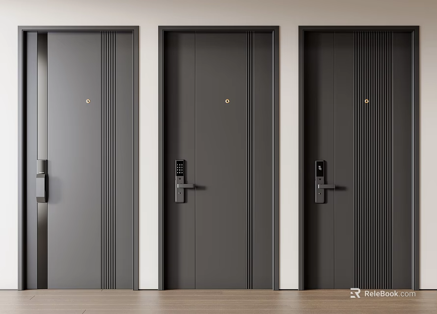 Modern Security Doors With Dark Gray Vertical Stripes Door Handles And Secure Locks 3d model 