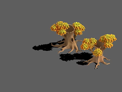 Autumn Themed Trees With Bright Yellow Leaves And Prominent Exposed Roots 3d model