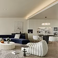 Modern Living Dining Room Interior With Blue Sofa Bookshelf And Round Coffee Table