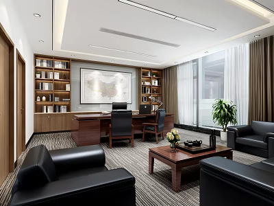 Modern Office Interior Featuring Wooden Desk Bookshelves Map Sofa Coffee Table And Large Windows 3d model