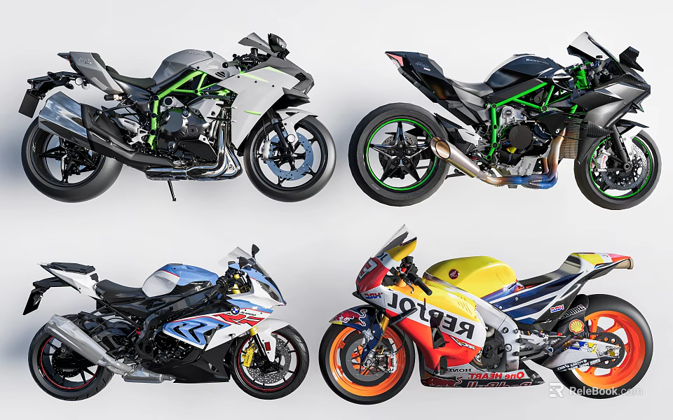 Showcasing Four Different Stylish Motorcycles with Colorful Designs and Sporty Styles 3d model 
