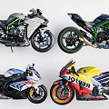 Showcasing Four Different Stylish Motorcycles with Colorful Designs and Sporty Styles