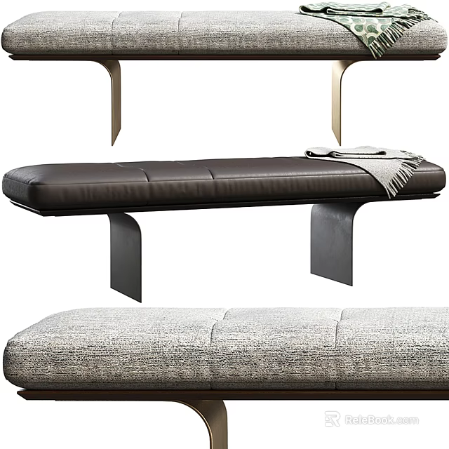 Modern Leather Sofa Bench With Sleek Metal Legs And Cozy Throw Blanket 3d model 