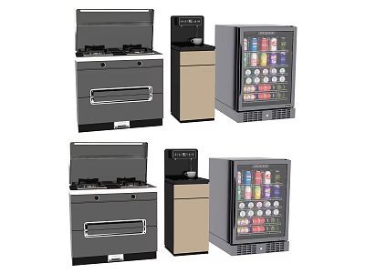 Modern Daily Kitchen Appliances Featuring Gas Stove Coffee Maker And Mini Fridge 3d model
