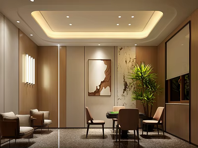 Elegant Modern Hotel Mahjong Room Interior With Wooden Tables Chairs Decorative Painting And Green Plants 3d model