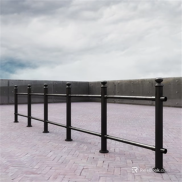 Public Facility Black Metal Railing With Brick Paved Ground And Gray Wall 3d model 