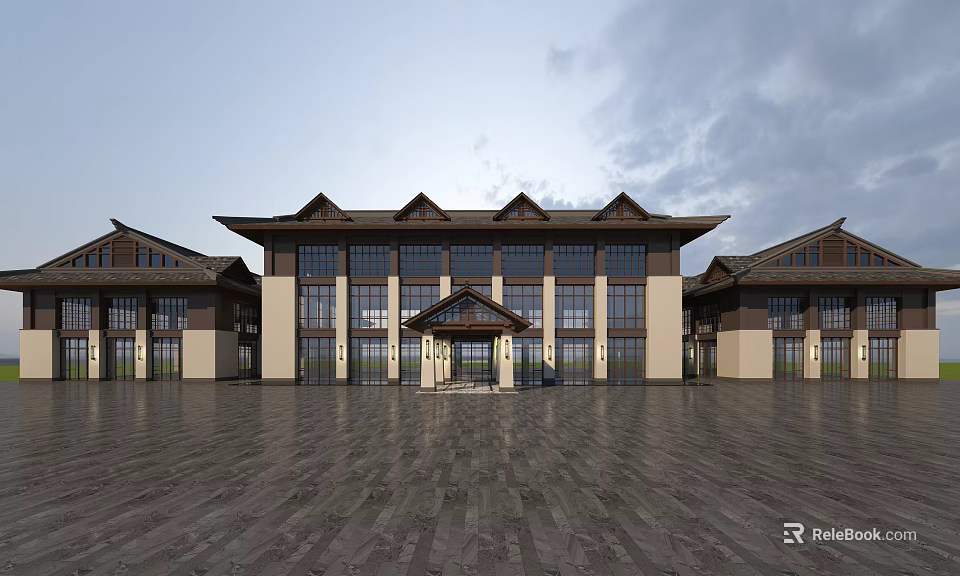 Traditional Chinese Style Sales Office Building With Spacious Plaza And Large Windows 3d model 