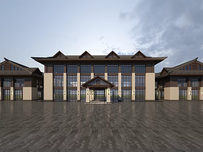 Traditional Chinese Style Sales Office Building With Spacious Plaza And Large Windows 3d model