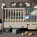 Wooden Baby Crib With Storage Drawers Plaid Bedding And Animal Wall Art In Nursery