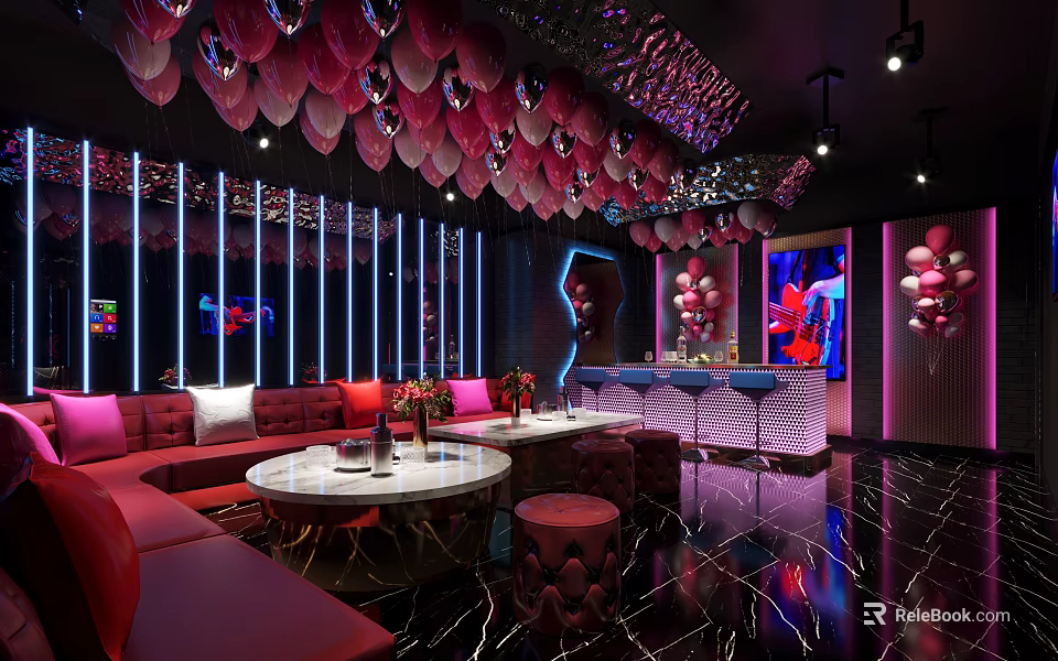 KTV Lounge Interior Design With Pink Balloons Neon Lights Red Sofas And Round Table 3d model 
