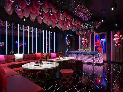 KTV Lounge Interior Design With Pink Balloons Neon Lights Red Sofas And Round Table 3d model