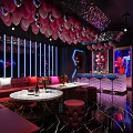 KTV Lounge Interior Design With Pink Balloons Neon Lights Red Sofas And Round Table