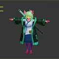 Fantasy Anime Character With Blue Hair Horns Coat Sword And Blue Skirt