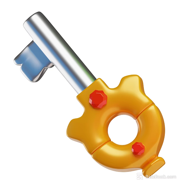 Decorative Ornament Set with Key Shaped Design Yellow Gear Red Gemstone and Blue Handle 3d model 