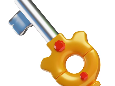 Decorative Ornament Set with Key Shaped Design Yellow Gear Red Gemstone and Blue Handle 3d model