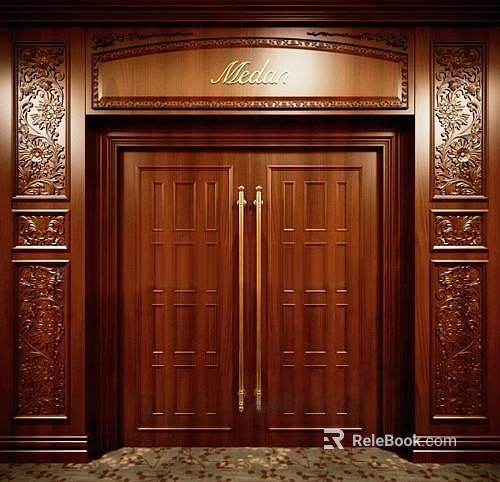 Elegant Wooden Double Doors With Carved Decorations And Golden Handles Surrounded By Ornate Wooden Frames 3d model 