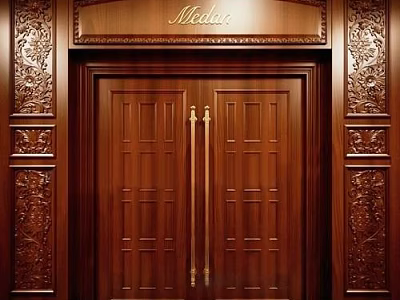 Elegant Wooden Double Doors With Carved Decorations And Golden Handles Surrounded By Ornate Wooden Frames 3d model