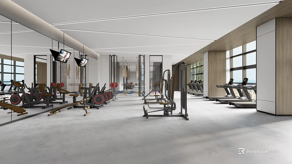 Modern Spacious Fitness Gym With Diverse Workout Equipment Large Windows And Mirrors 3d model 