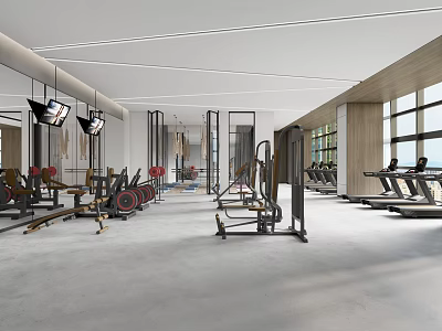 Modern Spacious Fitness Gym With Diverse Workout Equipment Large Windows And Mirrors 3d model