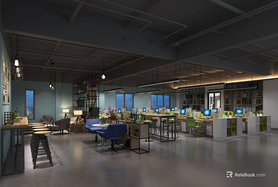 Modern Public Office Space With Open Layout Multiple Computers Desks And Ergonomic Chairs 3d model 
