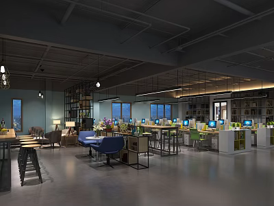 Modern Public Office Space With Open Layout Multiple Computers Desks And Ergonomic Chairs 3d model