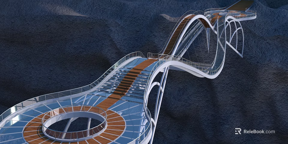 Modern Winding Bridge With Orange Walkway And White Structure In Mountainous Landscape 3d model 