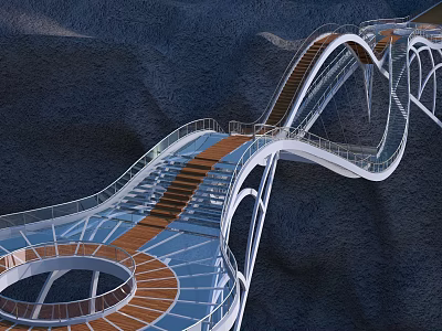 Modern Winding Bridge With Orange Walkway And White Structure In Mountainous Landscape 3d model