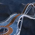 Modern Winding Bridge With Orange Walkway And White Structure In Mountainous Landscape