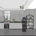 Modern Kitchen Storage Racks With Multilayer Design Wheels Microwave And Cookware On White Tile Wall 3d model