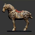 Wooden Carved Horse Statue with Intricate Patterns Red Saddle and Black Base