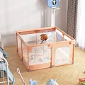 Pink Baby Playpen With Transparent Mesh Sides And Colorful Balls Toys On Wooden Floor