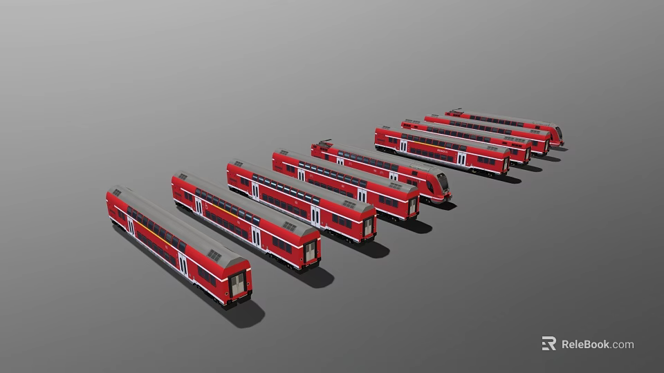 Multiple Red Train Models Lined Up Side by Side on Gray Background 3d model 
