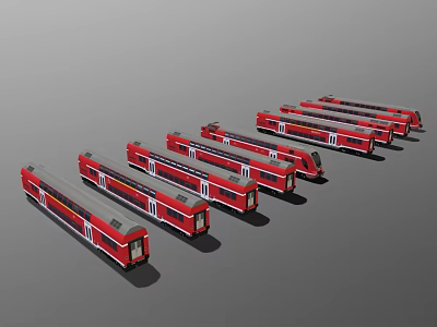 Multiple Red Train Models Lined Up Side by Side on Gray Background 3d model