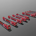 Multiple Red Train Models Lined Up Side by Side on Gray Background 3d model