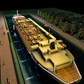 Large Illuminated Yacht Sailing in Canal at Night with Surrounding Trees