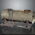 Industrial Rusty Cylindrical Tank With Ladder And Two Circular Openings On Concrete Base
