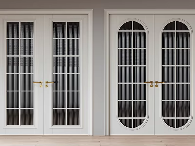 White Double Doors With Square And Arched Glass Panels And Golden Handles 3d model