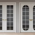 White Double Doors With Square And Arched Glass Panels And Golden Handles
