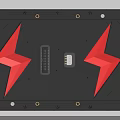 Black Grid Textured Device Panel With Red Lightning Bolts And Metal Connectors 3d model