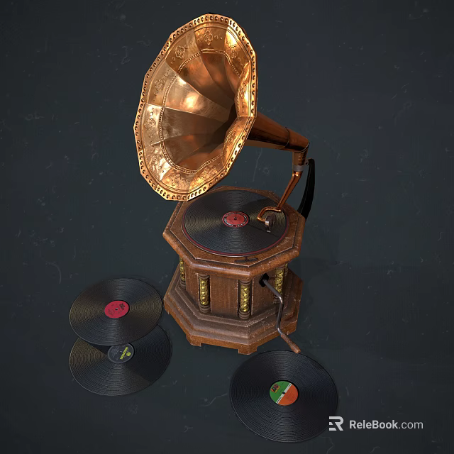Vintage Gramophone with Brass Horn and Vinyl Records on Wooden Base 3d model 