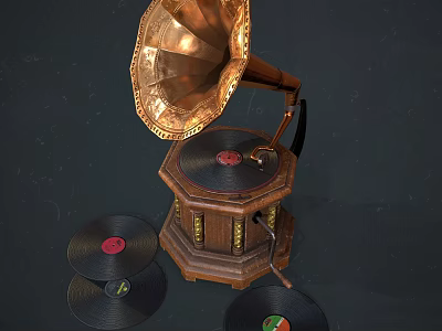 Vintage Gramophone with Brass Horn and Vinyl Records on Wooden Base 3d model