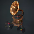 Vintage Gramophone with Brass Horn and Vinyl Records on Wooden Base